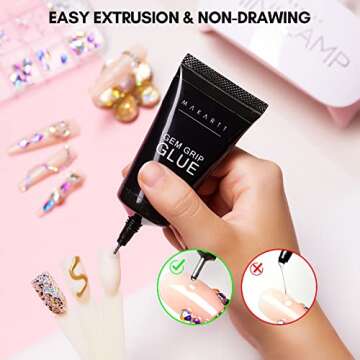 Makartt No Wipe Rhinestone Glue for Nails, Super Strong Nail Charm Glue Bling Gel Glue for Valentines Day Decorations Nail Art Gems Jewelry Diamond for Nail Techs Supplies Beginners Nail Lamp Required