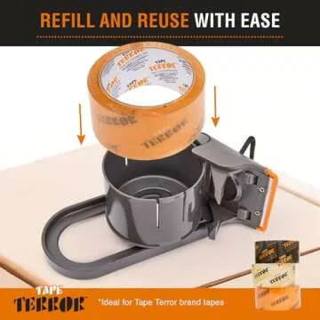 Tape Terror Packing Tape Dispenser - Heavy Duty Shipping Tape Dispenser for Boxes, Refillable, Fits Standard Bulk Tapes Up to 2" Wide - Razor-Sharp Cutting Packaging Tape Dispenser (1-Count)