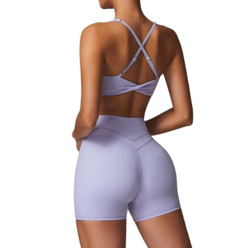 ABOCIW Workout Sets for Women 2 Piece V Neck Twist Back Sports Bra High Waist Biker Shorts Yoga Outf...