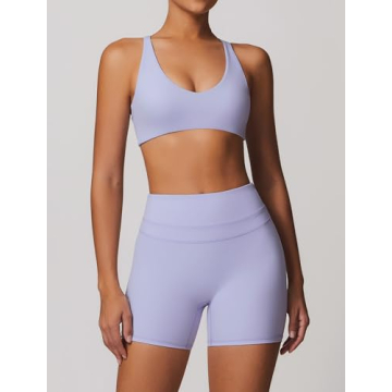 Stylish Women's Workout Set V Neck Sports Bra Biker Shorts