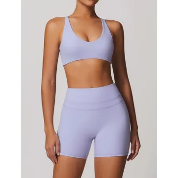 Stylish Women's Workout Set V Neck Sports Bra Biker Shorts