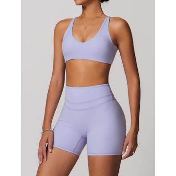 Stylish Women's Workout Set V Neck Sports Bra Biker Shorts