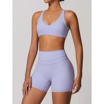Stylish Women's Workout Set V Neck Sports Bra Biker Shorts