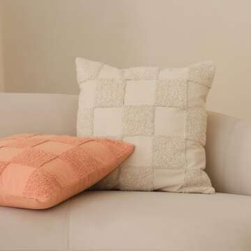 Double Stitch 100% Cotton Throw Pillow Covers - Checkered Tufted Boho Decorative Pillow Covers 20x20, Made in India, Square Cushion Case, Modern Home Decor for Couch, Sofa, Living Room, Oat