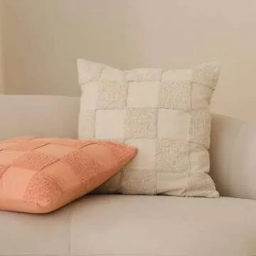 Double Stitch 100% Cotton Throw Pillow Covers - Checkered Tufted Boho Decorative Pillow Covers 20x20, Made in India, Square Cushion Case, Modern Home Decor for Couch, Sofa, Living Room, Oat