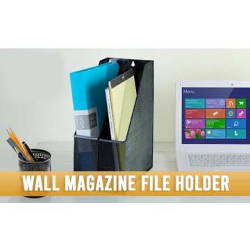 YBM HOME Wall Magazine Holder and Desk Organizer Rack Keeps Up to 20 Magazines Upright, Steel Mesh Magazine Desk Organizer and File Storage for Home and Office - Black