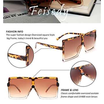 FEISEDY Women Square Oversized Sunglasses UV400 Protection