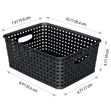 WYT Woven Storage Organizer Basket, 6-Pack Black Plastic Weave Baskets, 10.1 x 7.55 x 4.1