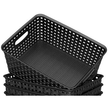 WYT Woven Storage Organizer Basket, 6-Pack Black Plastic Weave Baskets, 10.1 x 7.55 x 4.1