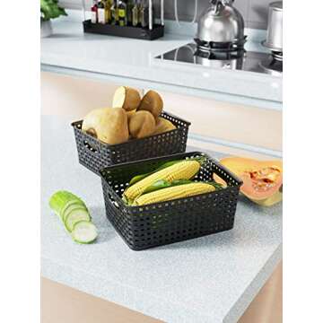 WYT Woven Storage Organizer Basket, 6-Pack Black Plastic Weave Baskets, 10.1 x 7.55 x 4.1