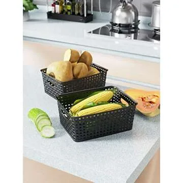 WYT Woven Storage Organizer Basket, 6-Pack Black Plastic Weave Baskets, 10.1 x 7.55 x 4.1