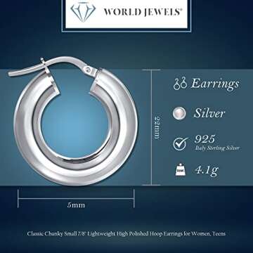 World Jewels 925 Sterling Silver Chunky Small 7/8" Round Hoop Earrings for Women - Italian Made, Lig...