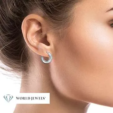 World Jewels 925 Sterling Silver Chunky Small 7/8" Round Hoop Earrings for Women - Italian Made, Lightweight Hoop Earrings, Silver Hoop Earrings for Women - Hoop Earring Gifts for Women and Teens