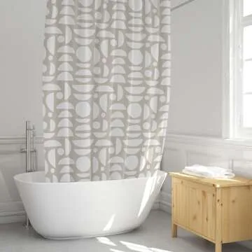 Beige White Abstract Print Shower Curtain - Boho Pattern - Modern Minimalist Home Decor - Neutral Scandi Style Fabric Shower Curtain For Any Bathroom - 72x72 Inches (Neutral Half Circle)
