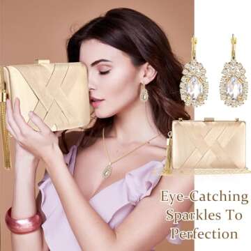 Quelay 4 Pcs Women Satin Clutch Purse Handbag Evening Bag for Wedding Banquet Handbag Vintage Necklace Earrings Jewelry Set(Champagne Gold)