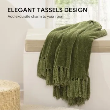 RECYCO Throw Blanket Soft Cozy Chenille Throw Blanket with Fringe Tassel for Couch Sofa Chair Bed Living Room Gift (Loden Green, 50'' x 60'')