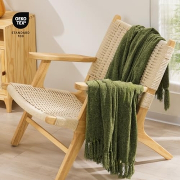 RECYCO Throw Blanket Soft Cozy Chenille Throw Blanket with Fringe Tassel for Couch Sofa Chair Bed Living Room Gift (Loden Green, 50'' x 60'')