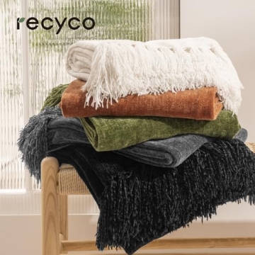 RECYCO Throw Blanket Soft Cozy Chenille Throw Blanket with Fringe Tassel for Couch Sofa Chair Bed Living Room Gift (Loden Green, 50'' x 60'')