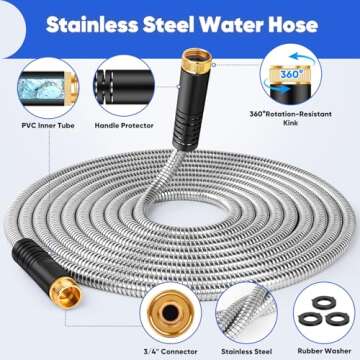 Garden Hose 25 ft, Stainless Steel Metal Water Hose with 10 Function Nozzle, Lightweight Hose, No Ki...