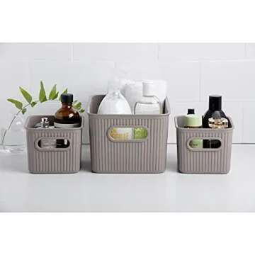 Superio Ribbed Collection - Decorative Plastic Open Home Storage Bins Organizer Baskets, Taupe (Set of 3) 1 Medium, 2 Small - Container Boxes for Organizing Closet Shelves Drawer Shelf