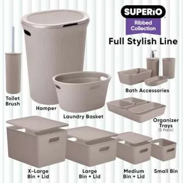 Superio Ribbed Collection - Decorative Plastic Open Home Storage Bins Organizer Baskets, Taupe (Set of 3) 1 Medium, 2 Small - Container Boxes for Organizing Closet Shelves Drawer Shelf