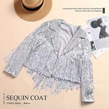 Edary Women's Sequin Jacket Coat Sparkly Long Sleeve Tassel Blazer Fringe Party Club New Years Eve S...