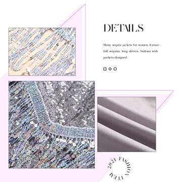 Edary Women's Sequin Jacket Coat Sparkly Long Sleeve Tassel Blazer Fringe Party Club New Years Eve Sequin Jackets（Silver,M