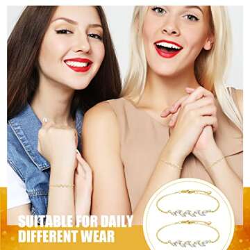 6 Pcs Bridesmaid Gifts, Dainty Bracelets, Tiny Zirconia Leaf, Adjustable Bridal Bracelet Jewelry(Gold)