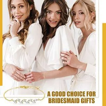 6 Pcs Bridesmaid Gifts, Dainty Bracelets, Tiny Zirconia Leaf, Adjustable Bridal Bracelet Jewelry(Gold)