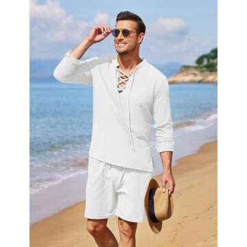 COOFANDY Men's 2 Pieces Beach Outfit Summer Cotton Linen Henley Shirt and Short Sleepwear Set