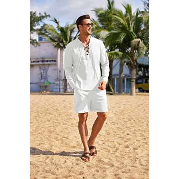 COOFANDY Men's 2 Pieces Beach Outfit Summer Cotton Linen Henley Shirt and Short Sleepwear Set