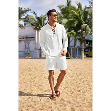 COOFANDY Men's 2 Pieces Beach Outfit Summer Cotton Linen Henley Shirt and Short Sleepwear Set