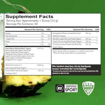 BARE PERFORMANCE NUTRITION, BPN Strong Greens Superfood Powder - Energy & Immunity Support in Pineap...
