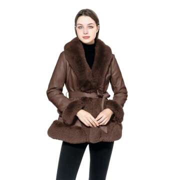 GRAN ORIENTE Faux Leather Jacket for Women with Faux Fur Collar Long Sleeve Fuzzy Parka Overcoat wit...