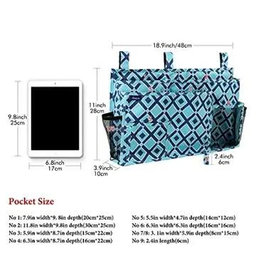 Surblue Bedside Caddy Hanging Bed Organizer Storage Bag Pocket for Bunk and Hospital Beds, College Dorm Rooms Baby Bed Rails, Camp 8 Pockets, (Large, Blue Plaid)