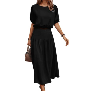 BZSFW Women's Two Piece Outfits 2023 Summer Solid Color Casual Loose Puff Sleeve Crop Top and Pleate...