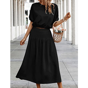 BZSFW Women's Two Piece Outfits 2023 Summer Solid Color Casual Loose Puff Sleeve Crop Top and Pleated Long Skirt Set (as1, alpha, m, regular, regular, Black)
