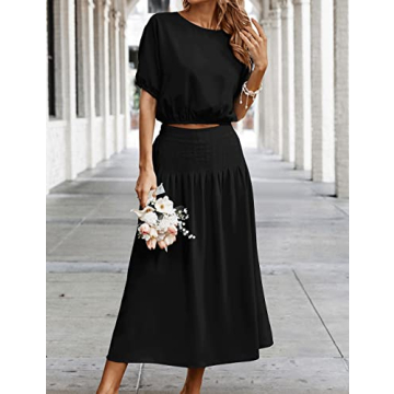BZSFW Women's Two Piece Outfits 2023 Summer Solid Color Casual Loose Puff Sleeve Crop Top and Pleated Long Skirt Set (as1, alpha, m, regular, regular, Black)