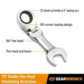 GEARWRENCH 10 Pc. 12 Pt. Stubby Flex Head Ratcheting Combination Wrench Set, Metric - 9550