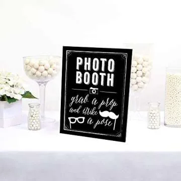 Big Dot of Happiness Photo Booth Sign with Stand – Festive & Durable Plastic Display – Indoor & Outdoor Party Decoration – 10.5” x 13.75”