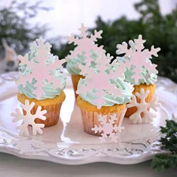 Gyufise 50Pcs Pink Edible Cupcake Cake Toppers Snowflake Cake Decorations for Christmas Winter Froze...