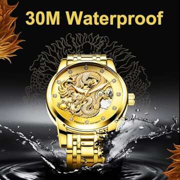 Weicam Men's Luxury Gold Dragon Carved Dial Diamond Automatic Skeleton Mechanical Watch Casual Waterproof Stainless Steel Band Quartz Sport Wristwatch (Black)