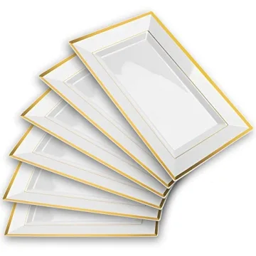 Mint Living Elegant Plastic Serving Tray & Platter Set - 6pk - White & Gold Rim Disposable Serving T...