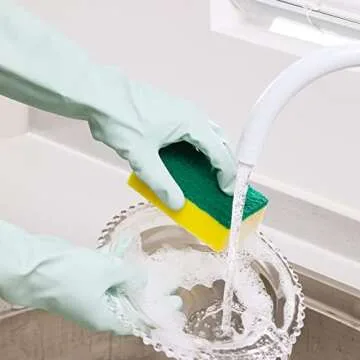 COOLJOB Medium Reusable Rubber Dishwashing Cleaning Gloves for Kitchen Bathroom, Non-Slip Grippy Long Dish Washing Gloves with Flocked Cotton Liner, Flexible Durable & Waterproof, Mint Green, 1 Pair