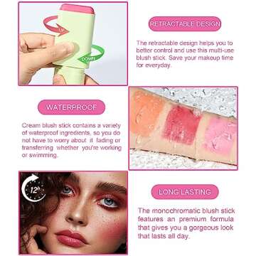 2-in-1 Cheek and Lip Tint Soft Cream On-the-Go Blush Stick Blendable for Cheek Makeup