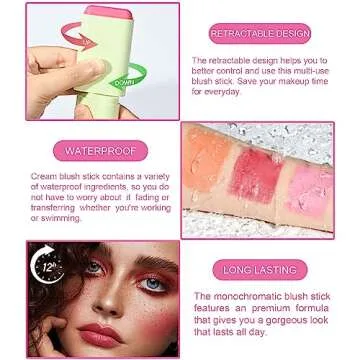 2-in-1 Cheek and Lip Tint Soft Cream On-the-Go Blush Stick Blendable for Cheek Makeup