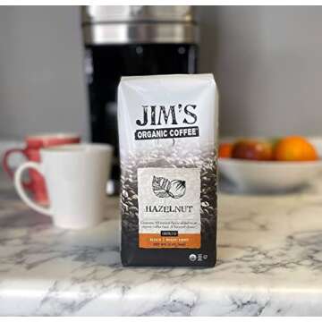 Jim’s Organic Coffee – Hazelnut, All Natural Flavored Blend – Light Roast, Ground Coffee, 12 o...