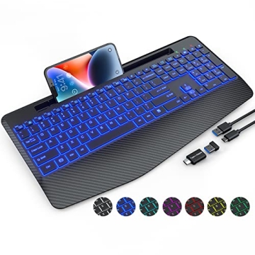 SABLUTE Wireless Keyboard with 7 Colored Backlits, Wrist Rest, 2.4G Computer Gaming Keyboard with Ph...