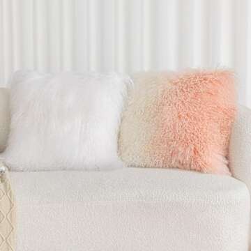 ROSE FEATHER Real 100% Tibetan Mongolian Lamb Sheepskin Wool Fur Super Soft Plush Leather Pillowcase Cushion Cover,Gradient-Pink, 20x20inch