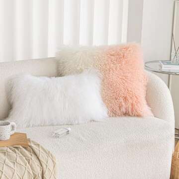 ROSE FEATHER Real 100% Tibetan Mongolian Lamb Sheepskin Wool Fur Super Soft Plush Leather Pillowcase Cushion Cover,Gradient-Pink, 20x20inch